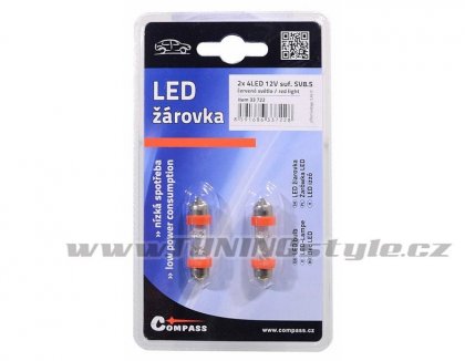 Žárovka 4LED 12V  suf. SV8.5 38mm červená  2ks