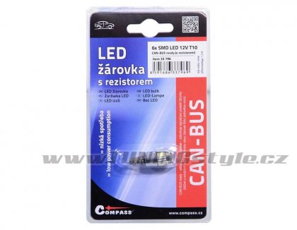 Žárovka 6 SMD LED 12V T10 s rezistorem CAN-BUS ready bílá