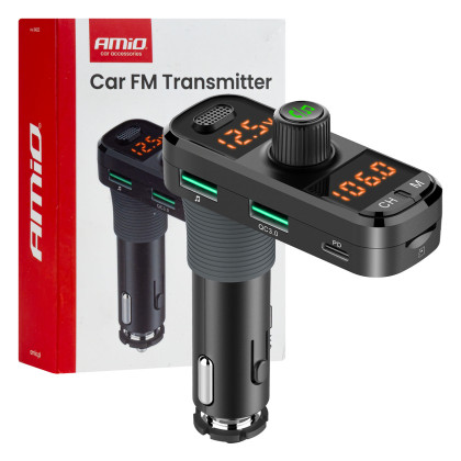 FM transmitter 2×USB-A 1×USB-C mircoSD 12V 24V AMiO-04653