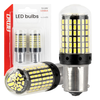 LED žárovka CANBUS BA15S P21W R10W R5W 600lm 144SMD Bílá 12V 24V AMiO-04473