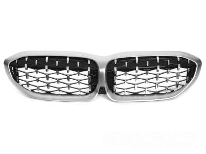 Maska - ledvinky BMW 5 BMW G20/G21 19- diamond style stříbrné-chrom lesklé