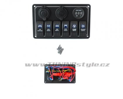 Panel přepínačů 12/24V 6x ON-OFF, 1x12V, 2xUSB 3,1A,voltmetr, 3x pojistka 15A IP68 Blue