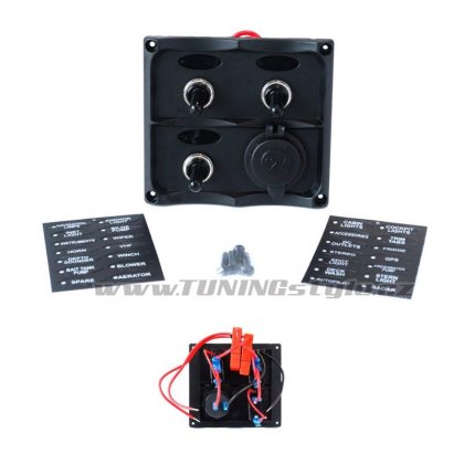 Panel přepínačů 12V, 3x SPST/ON-OFF, 1x zapalovač, 2x pojistka 15A, IP68