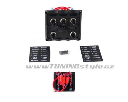 Panel přepínačů 12V, 5x SPST/ON-OFF, 1x zapalovač, 3x pojistka 15A IP68