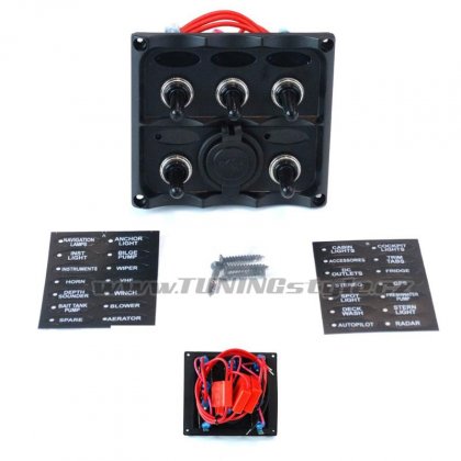 Panel přepínačů 12V. 5x SPST/ON-OFF, 2xUSB, 3x pojistka 15A IP68