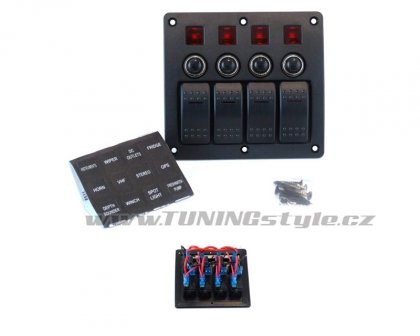 Panel přepínačů 4x ON-OFF, pojistky 2x 5A, 10A, 15A