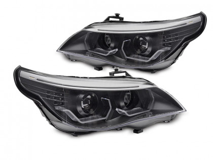 Přední světla 3D LED angel eyes, LED blinkr BMW E60 / E61 03-07 černá