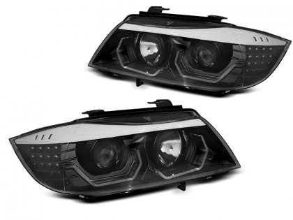 Přední světla 3D LED angel eyes, LED blinkr BMW E90/E91 05-08 černá