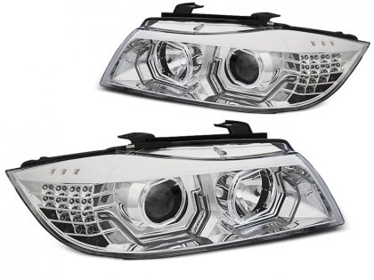 Přední světla 3D LED angel eyes, LED blinkr BMW E90/E91 05-08 chromová