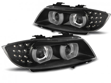 Přední světla 3D LED angel eyes, LED blinkr, D1S xenon, BMW E90/E91 05-08 s AFS černá