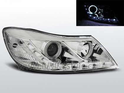 Přední světla s Angel eyes a LED Škoda Octavia II FL 09-12 chrom