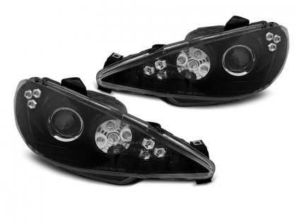 Přední světla s LED, LED blinkrem, Peugeot 206 černá