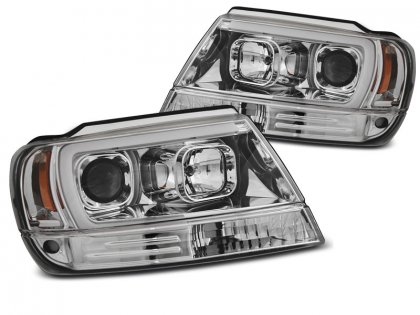 Přední světla s LED tube Chrysler Jeep Grand Cherokee 99-05 chrom